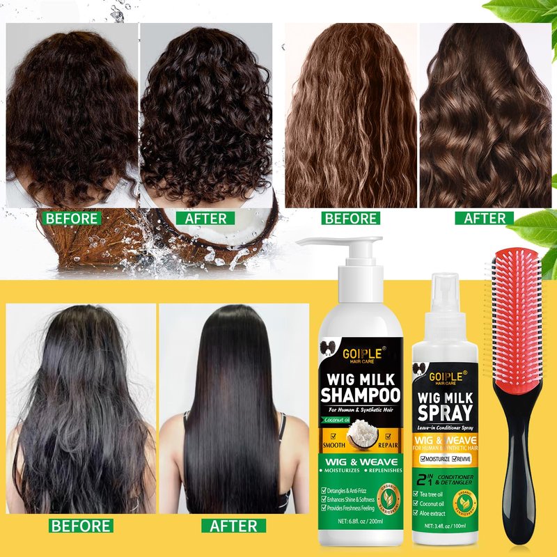 Wig Shampoo for Synthetic Wigs & Wig Milk Spray for Synthetic Hair, Detangle and Anti-Frizz, Hydrates & Moisturizes Synthetic Wig Shampoo, Conditioner＆Detangler 2 in 1 Moisturize Spray Detangler Brush