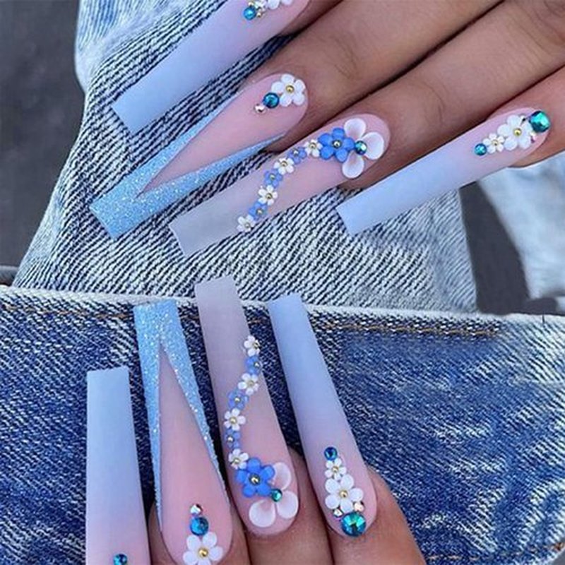 24Pcs Long Press-on Coffin Fake Nails with Flowers Designs, Full Cover Acrylic Matte False Nails Gradient with Rhinestones, Stick-on Nails for Women