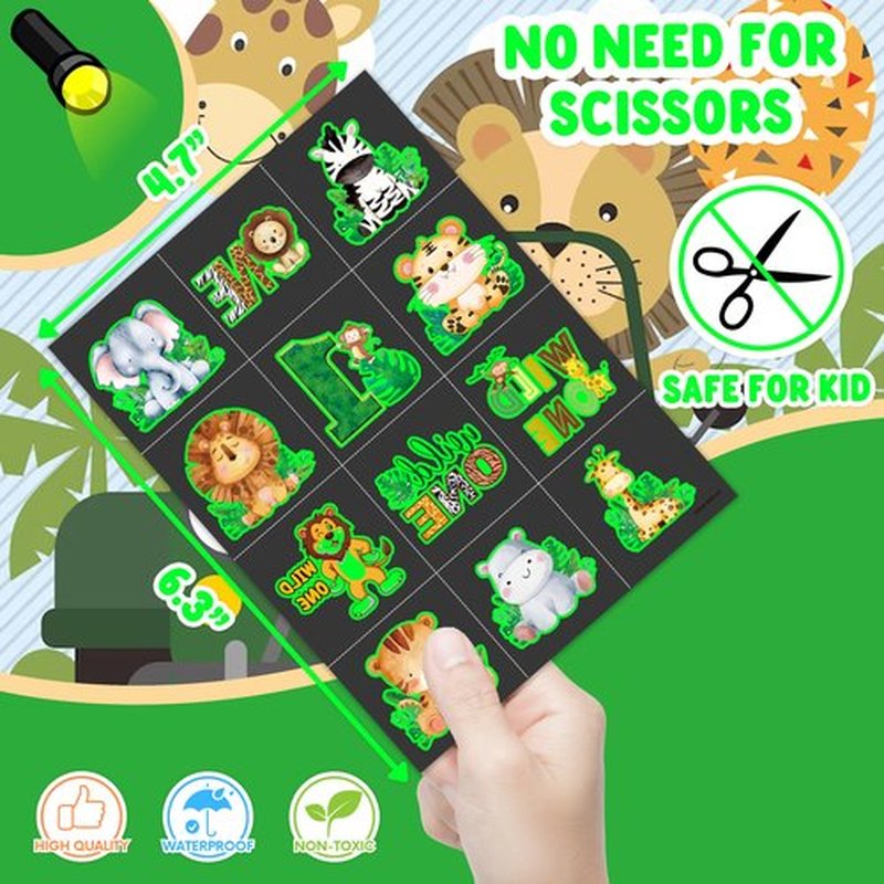 96 PCS Wild One Jungle Animal Glow In The Dark Pre-Cut Temporary Tattoos Sticker 1st First Birthday Decorations Party Supplies Favors Gifts Boys Girls Cute Fake Tattoo School Reward Themed (Luminous)