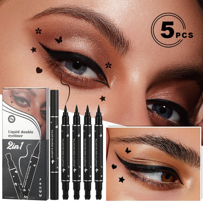 XINGXYUEL 5PCS Liquid Winged Eyeliner Stamp Pen Set - Double-headed Black Eye Liner Pencil - Long-lasting Waterproof Stamp Eyeliner Set for Eye Makeup - Star, Heart, Flower, Butterfly, Triangle