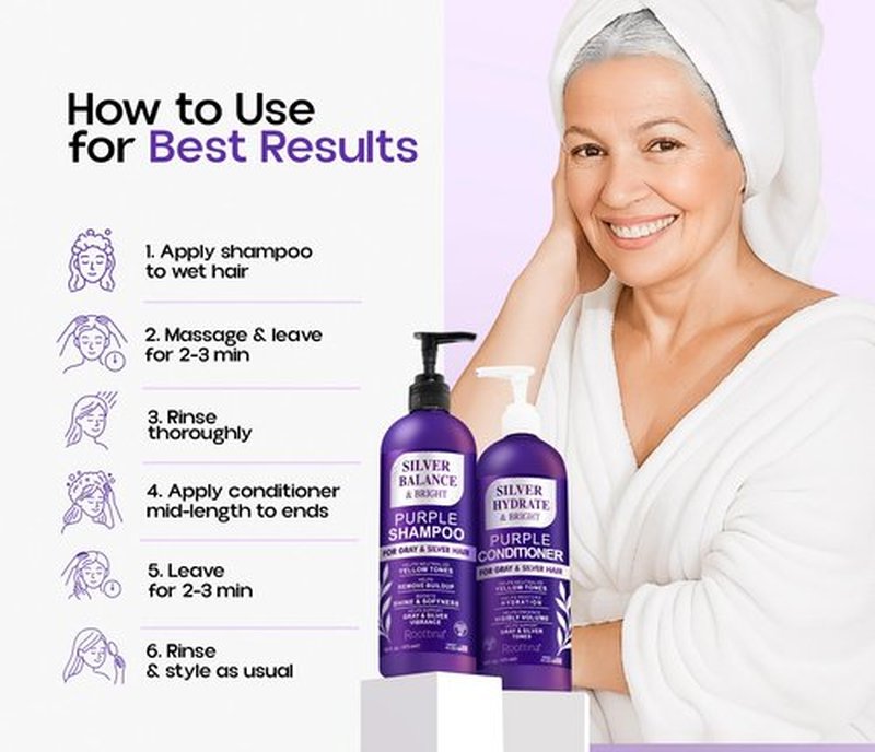 ROOTTINA Silver Shine Sulfate Free Brass Toning Purple Shampoo and Conditioner Set for Gray, Blonde & White Hair – Neutralizes Brass, Enhances Shine, Supports Cool Tone, Made in USA, 16 fl oz