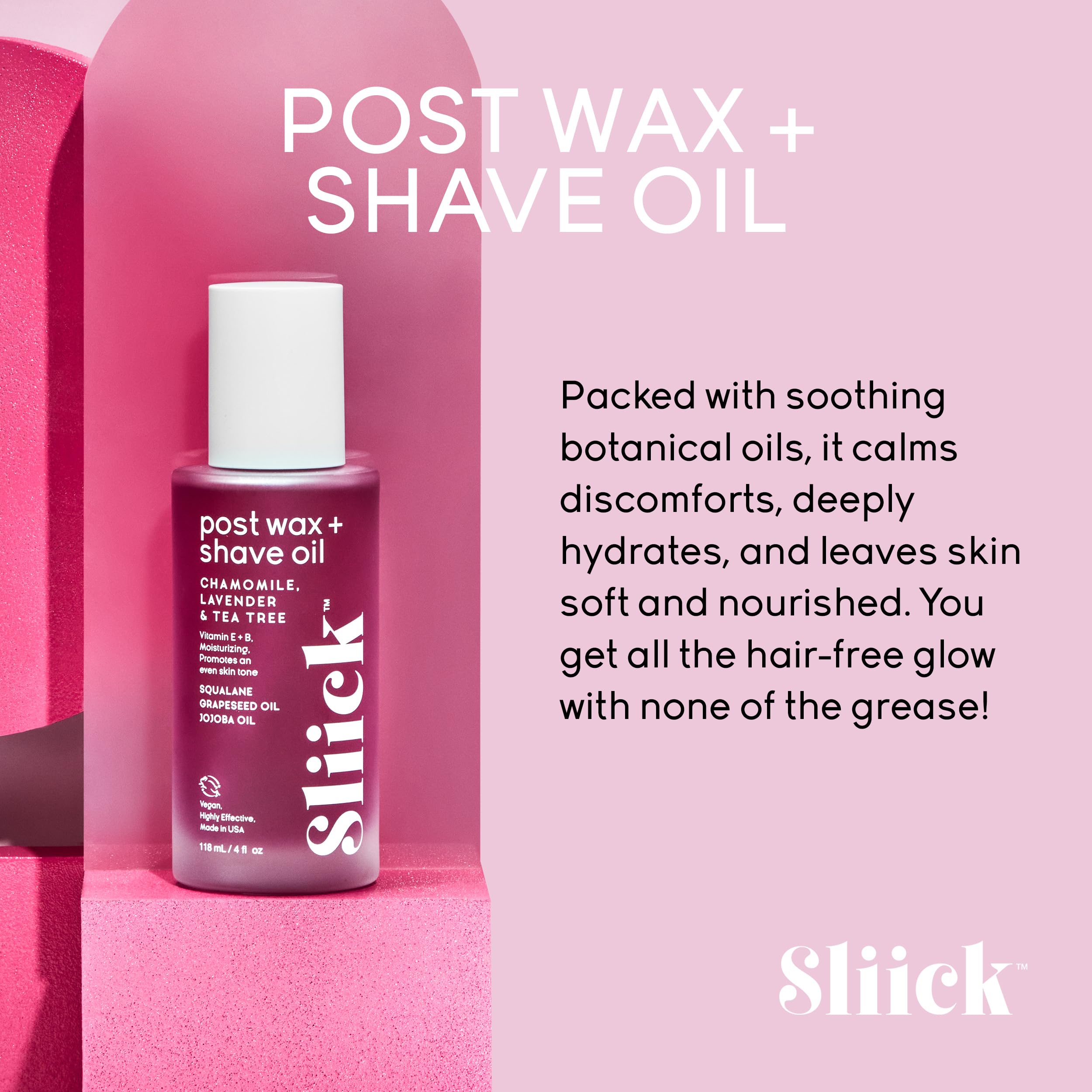 Sliick Post Wax + Shave Oil – Soothing After Shave Oil with Chamomile, Lavender & Tea Tree for Razor Bumps, Ingrown Hair & Redness, After Waxing & Shaving Treatment, 4 fl oz
