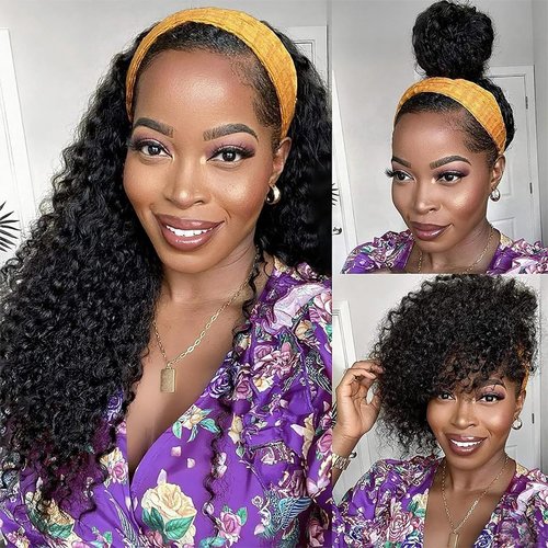 QCCSRR Headband Wig Human Hair Curly 18 Inch Glueless None Lace Front Deep Curly Wig Wear and Go Wigs for Black Women Machine Made Headband Half Wigs 180% Density Natural Color