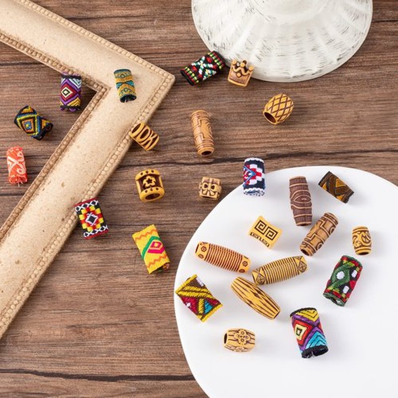 HINZIC 54 PCS Hair Jewelry Braids Fabric Dreadlock Beads Vintage Locks Hair Clips African Tube Beads Simulation Wood Dreadlock Accessories for Halloween Costume Christmas Women Men