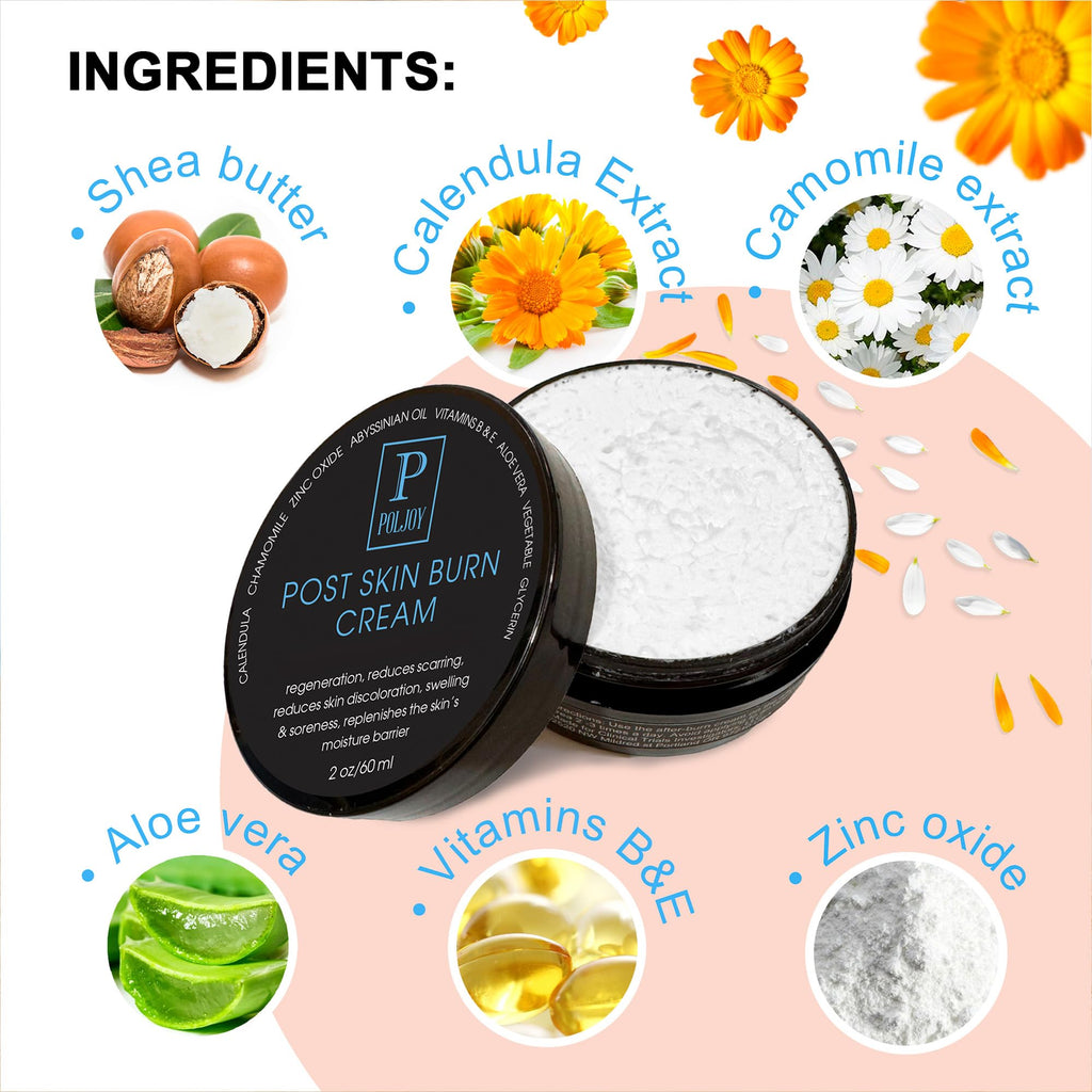 PolJoy Post Skin Burn Cream, Sunburn Cream for First Aid Treatment, Hydrates & Repairs Skin with Aloe Vera, Shea Butter, Zinc Oxide, Calendula, Coconut Oil & Vitamins B&E, Kitchen & Travel Use