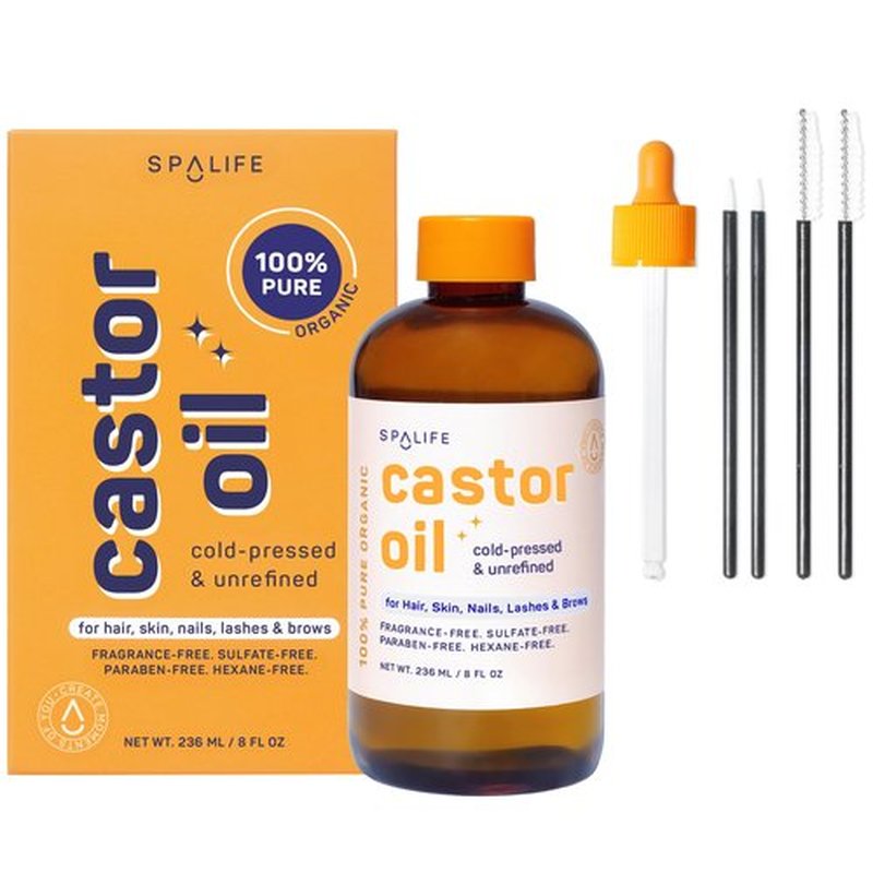 SpaLife Organic Cold Pressed Castor Oil for Face, Brows, Hair, Skin, Nails, & Lashes | Hexane Free Cold Pressed Castor Oil & 2x Brow Brushes, 2x Lash Line Applicators, and Dropper | 8 FL OZ