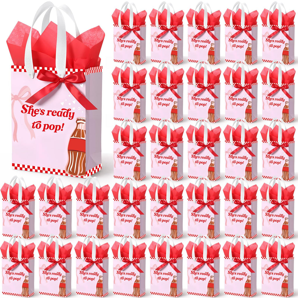 Willinglong 50 Packs She's Ready to Pop Baby Shower Gifts Bags Bulk Baby Shower Favor Bags with Handle Paper and 50 Sheets Decorative Tissue Paper for Guests Gifts Gender Reveal