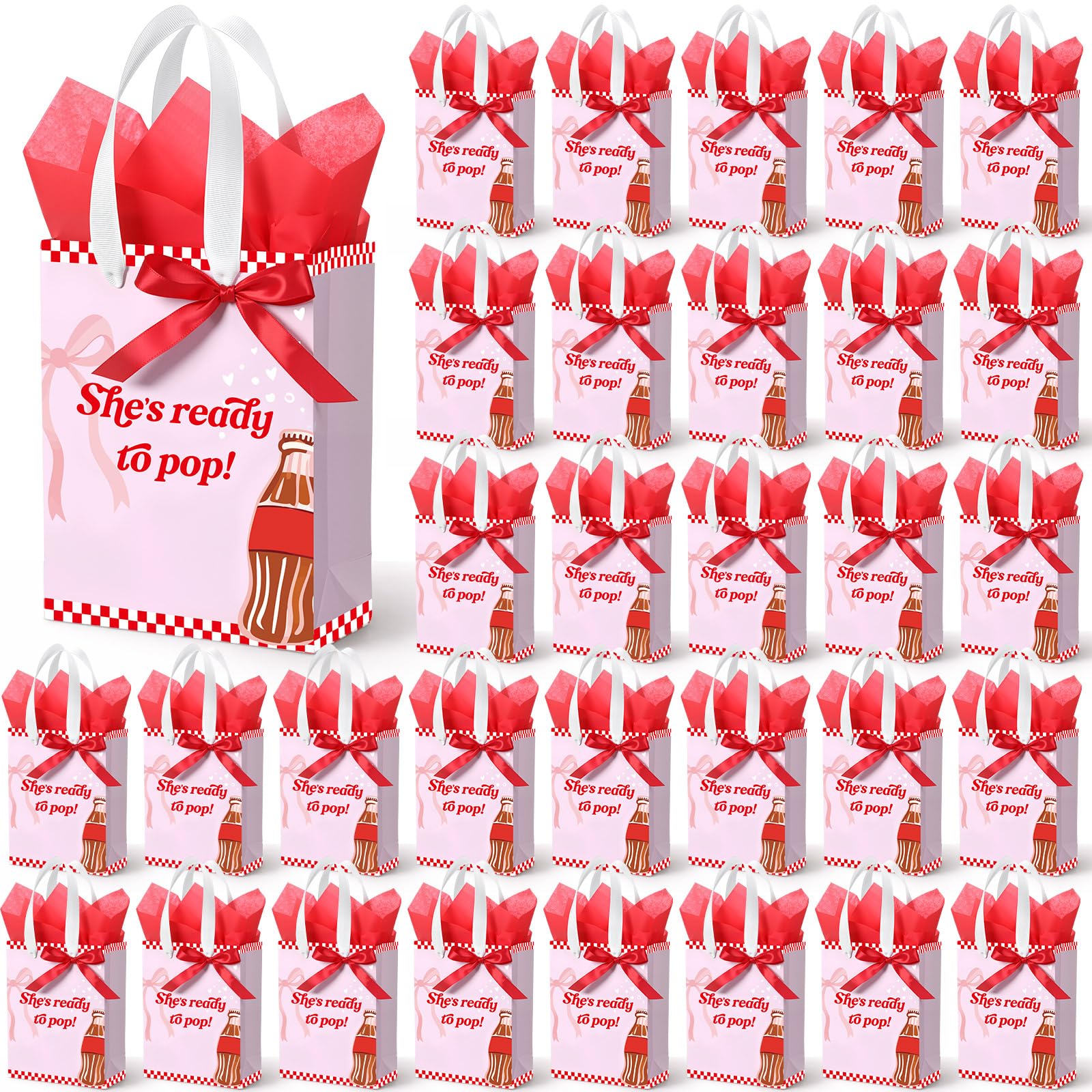 Willinglong 50 Packs She's Ready to Pop Baby Shower Gifts Bags Bulk Baby Shower Favor Bags with Handle Paper and 50 Sheets Decorative Tissue Paper for Guests Gifts Gender Reveal