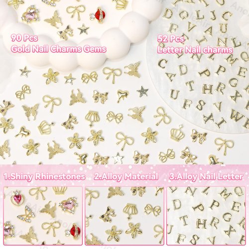 142 Pcs Gold A-Z Letter Nail Charms, Alloy Alphabet Words Nail Charm, Crown Heart Butterfly Bows Star Nail Gems Charms, Gold Flower Heart Alloy Nail Charm for Acrylic Nail Art Women DIY Accessories