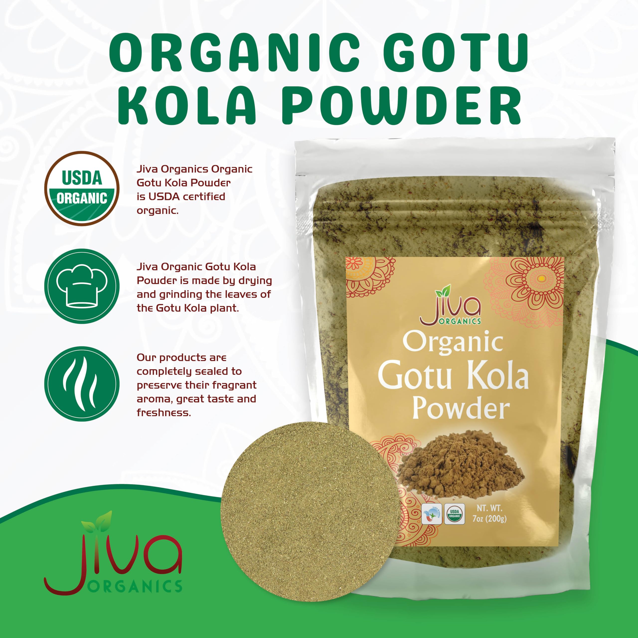 Jiva Organics Gotu Kola Powder (Centella Asiatica) 7 Ounce (200g) - Raw, Vegan, Non-GMO
