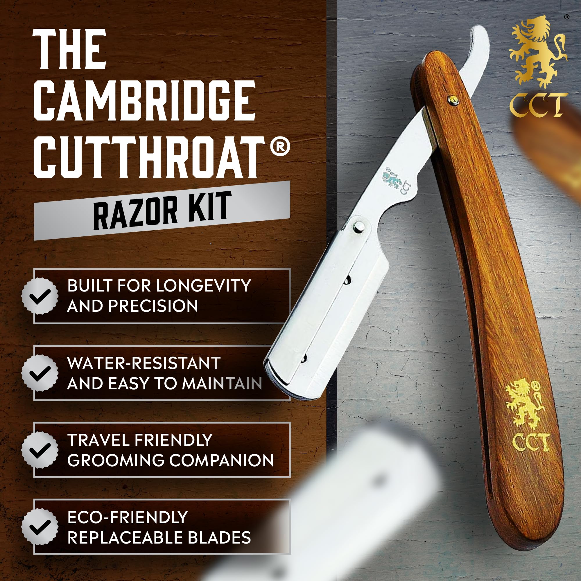 Cambridge Cutthroat Open Blade Razor for Men - Stainless Steel Handle, Swing-Lock Single Edge Cut Throat Razor with Leather Travel Pouch, Beard Shaping & Wet Shaving (10 Blades Included)