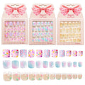 Kawyehu Kids Press on Nails Children Fake Nails 72PCS Artificial Nail Tips Adhesive Full Cover Short False Fingernails for Girls Kids Nail Decoration (French Donut Heart)