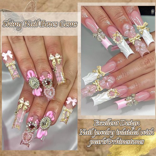 RODAKY 58PCS Bow Nail Charms Gold Charm for Nails Crystal Heart Bowknot Nail Art Gems Rhinestone Luxury Cute Nails Decoration for Manicure Design DIY