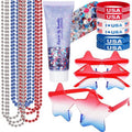 Go Ho 4th of July Outfits for Women,Red White and Blue Face Body Glitter Gel,9 PC Necklaces,3 Pairs Star Sunglasses and 6 PC Rubber Bracelets Wristbands Set for USA Patriotic Outfits Makeup