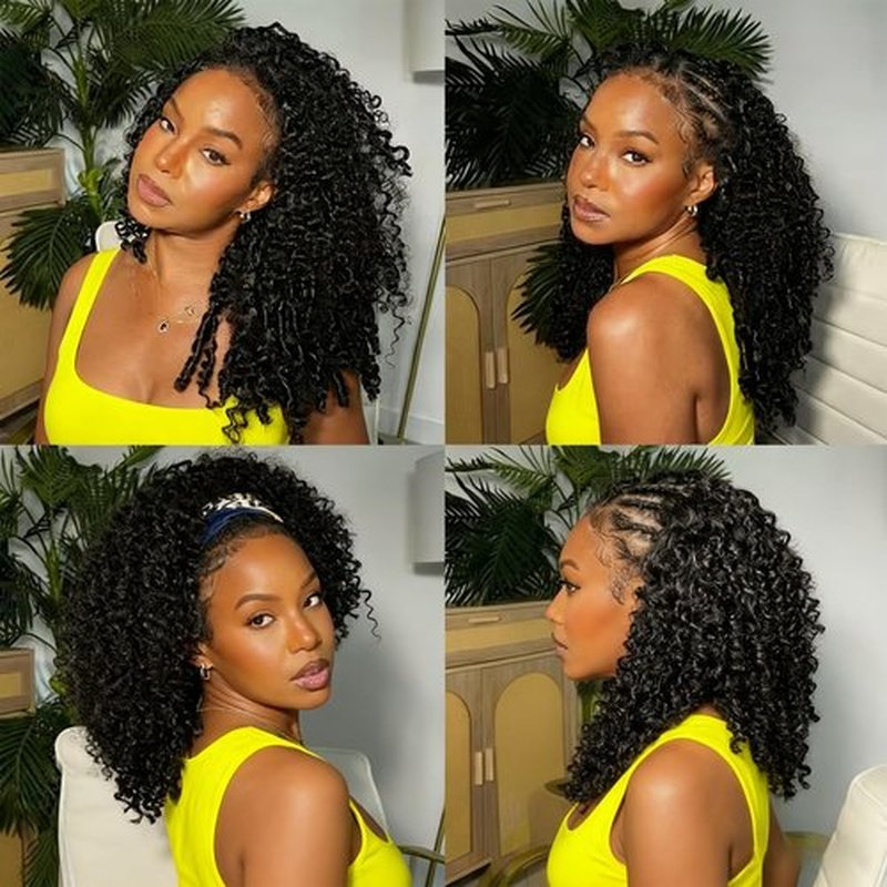 Maytune Half Wig Human Hair Deep Wave 24 Inch 200% Density Curly Half Wig 3 In 1 Drawstring Seamless Flip Over Headband Half Wigs for Black Women Human Hair Beginner Friendly