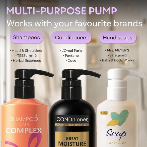 Brightfrom Universal Dispensing Pump - Ideal for Shampoo & Conditioner | Fits Most Bottles, 2 Pack, White/Black