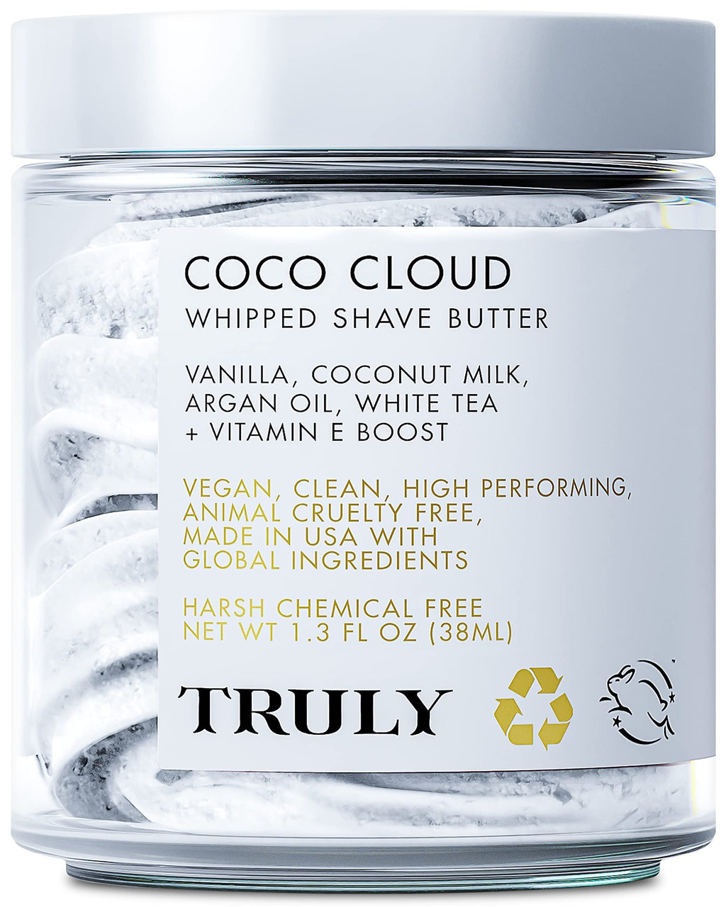 Truly Beauty Coco Cloud Shaving Cream for Women Sensitive Skin Whipped Shave Butter for Legs, Pubic Hair, Underarm, Body, Intimate Bikini Area, etc. 1.3 OZ