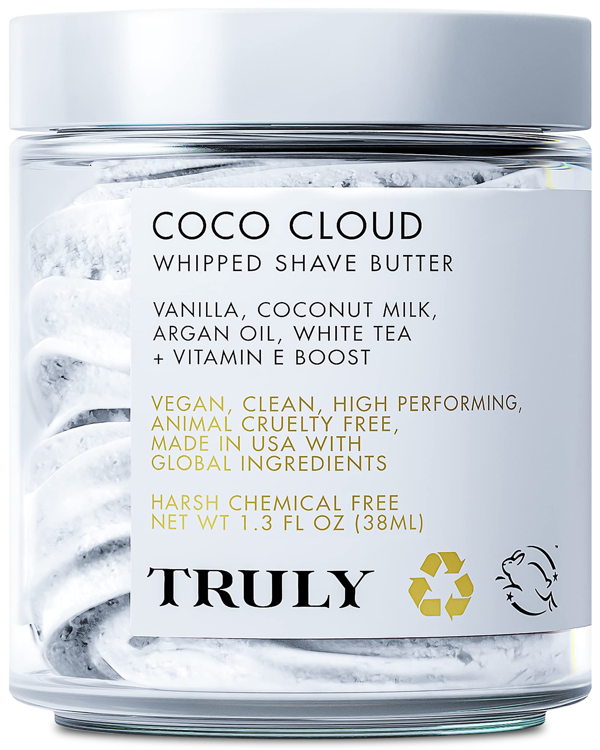 Truly Beauty Coco Cloud Shaving Cream for Women Sensitive Skin Whipped Shave Butter for Legs, Pubic Hair, Underarm, Body, Intimate Bikini Area, etc. 1.3 OZ