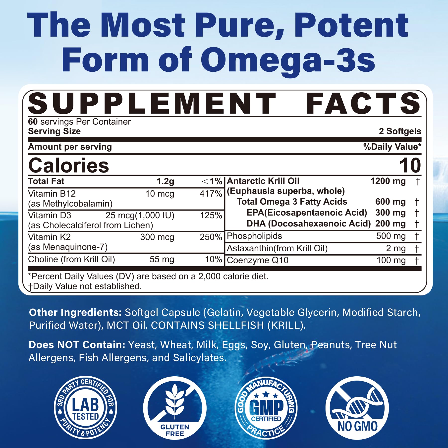 Antarctic Krill Oil 1200 mg Omega 3 Supplement, Omega 3 Krill Oil Softgels w/EPA, DHA, Astaxanthin & Phospholipids for Brain & Antioxidant, Sustainably Sourced, No Fishy Aftertaste, 120 Softgels