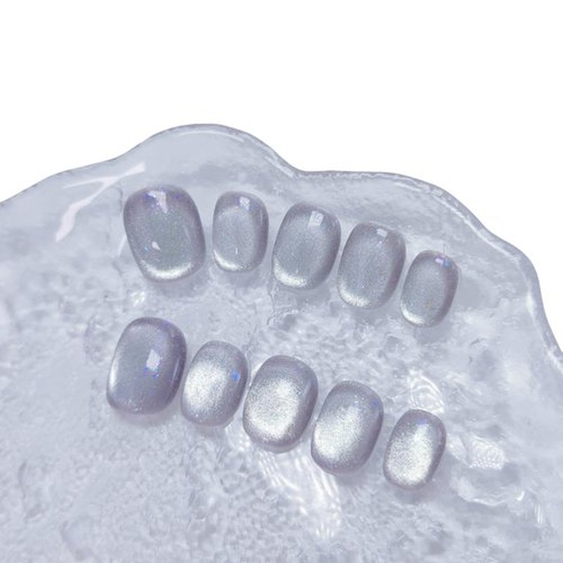 Cat Eye Press on Nails Handmade Short Oval/Square/Round False Nails with French Tip/Aurora/Magnetic Shimmer Designs (Glitter#Flowering Shrubs, Medium)