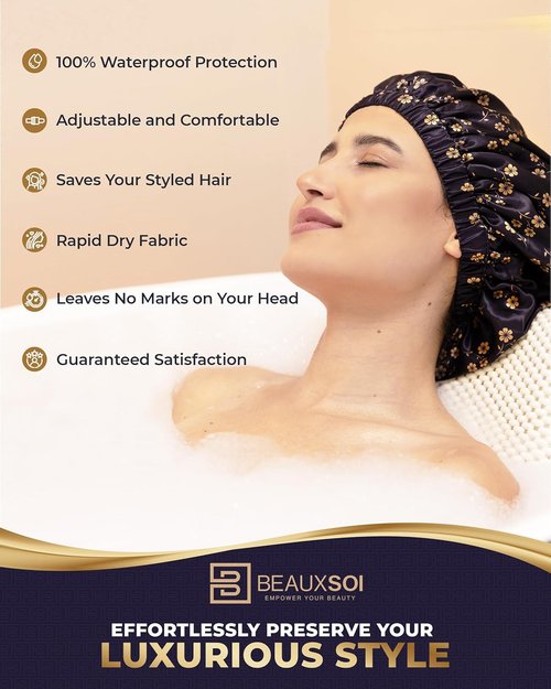 BEAUXSOI Luxury Reusable Shower Cap - Satin Lined, Adjustable & Waterproof | Floral Design (Fleur de Nuit)