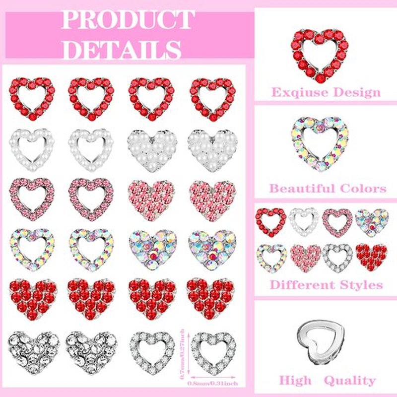 Sadnyy 100 Pcs Valentine Heart Nail Charms for Nail Art, 3D Heart Rhinestone Decals Silver Crystal Charms Diamond Alloy Gems for Women Valentine's Decorations(Elegant)