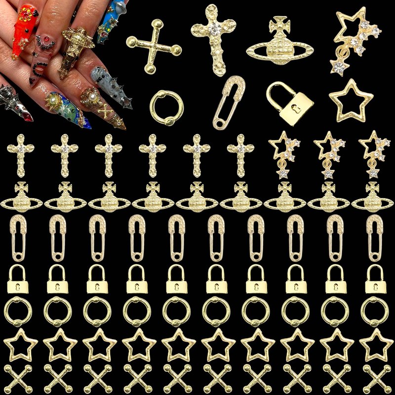YAEISM 135PCS Gold Nail Charms 3D Nail Spikes Shiny Gold Nail Crosses Alloy Star Nail Charms Punk Goth Pin Planet Nail Art Gems for Women and Girls