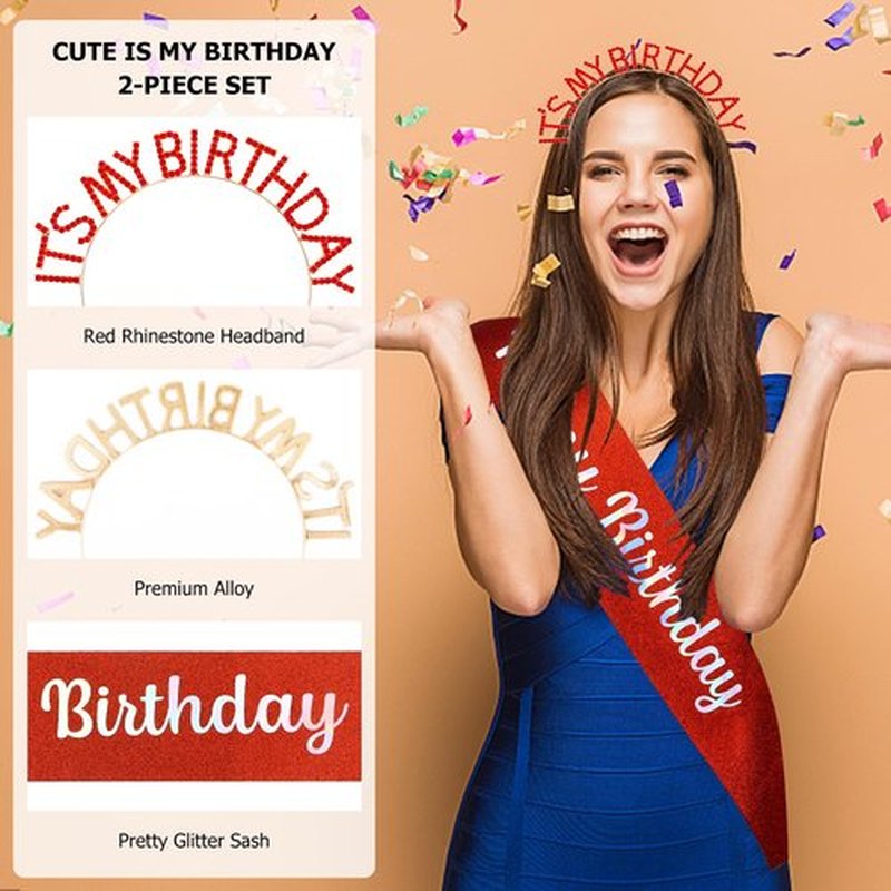 BAHABY It's My Birthday Princess Sash Set - Red Headband, Tiara & Accessories for Women Girls Happy Party
