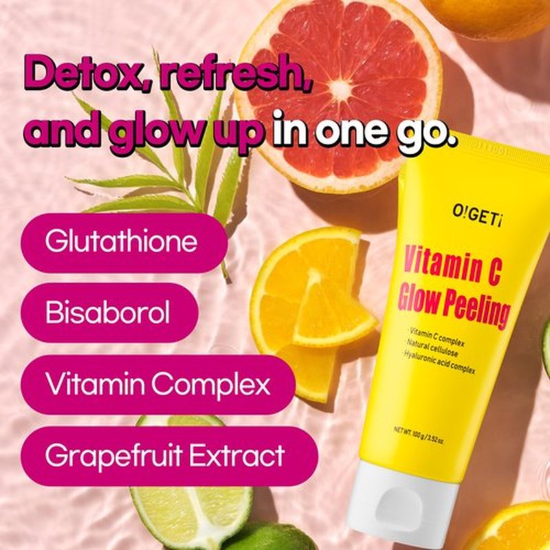 O!GETi Vitamin C Glow Peeling Gel, Natural Cellulose & AHA Exfoliator, Vitamin C Complex, Upcycled Green Tangerine, Sensitive Skin Safe, 3.6oz