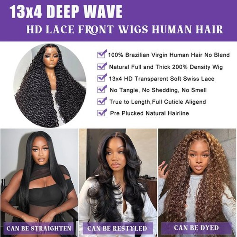 Momaksa 30 Inch Lace Front Wigs Human Hair Deep Wave 200% Density 13x4 HD Full Lace Frontal Wigs Human Hair 12A Pre Plucked Deep Wave Frontal Wig for Women Glueless Wigs Human Hair Natural Hairline