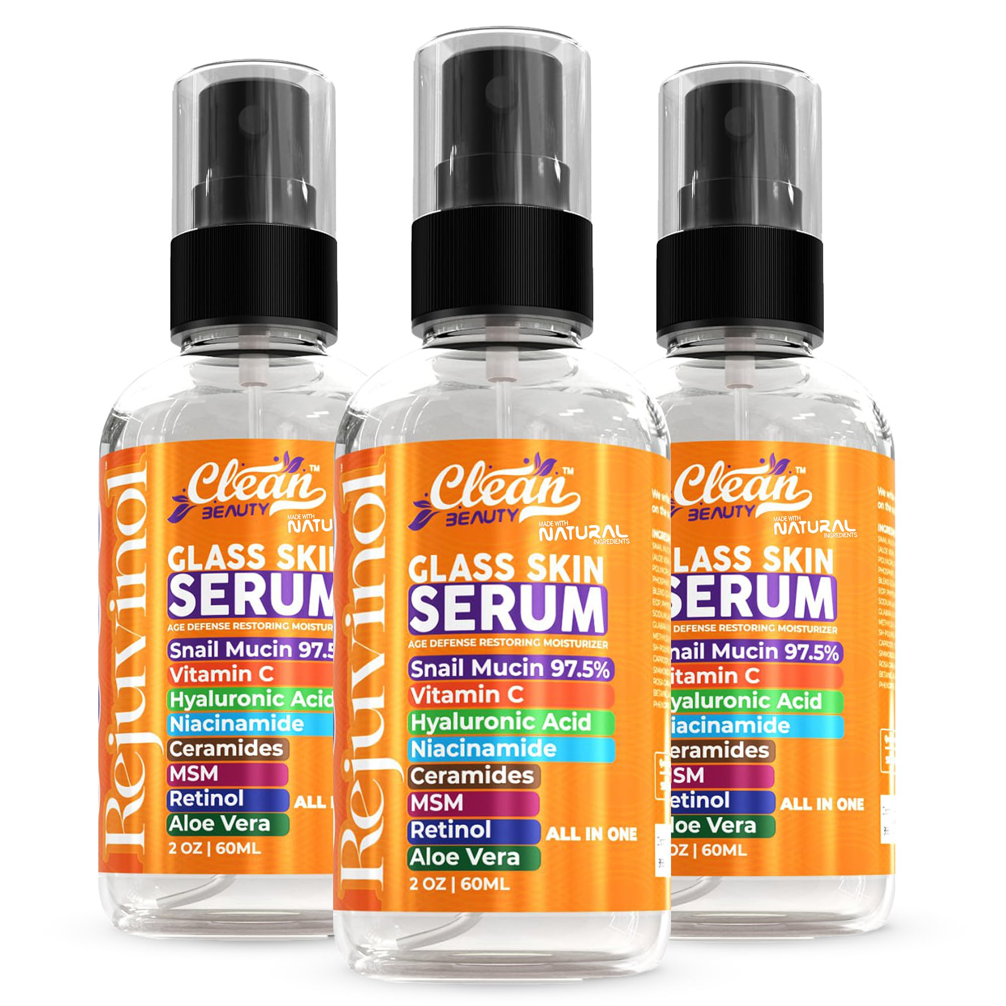 Snail Mucin Serum Vitamin C Face Serum Anti Aging with Hyaluronic Acid Niacinamide Retinol MSM Aloe Vera & Ceramides - Korean Skin Care Glass Skin Dark Spot Remover for Glowing Skin & Beauty (3 Pack)