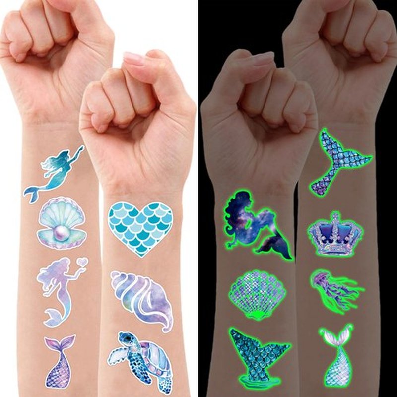 96PCS Mermaid Pre-Cut Temporary Tattoos for Kids - Cute Under the Sea Party Favors, Perfect for Ocean Mermaid-Themed Birthdays, School Rewards, and Baby Showers (Glow in the dark)