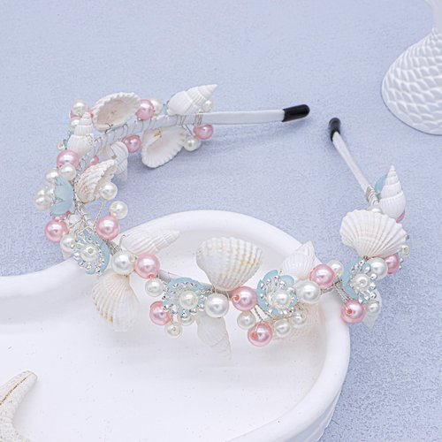Oriamour Mermaid Crown Seashell Pearl Headband, Beach Wedding Hair Accessory with Pink and White Pearls, Bridal Headbands For Women Girls Summer Headwear Mermaid Headpiece