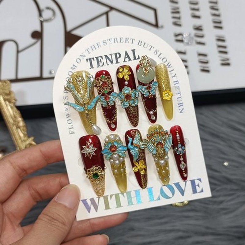TENPAL 10Pcs Heirloom Chinese Bridal Press On Nails With Tools,Red Gold Phoenix Dragon Designs Fake Nails Long Stiletto,Full Crystals Heavy Relief Luxury Wedding Set Glue on Nails for Cheongsam(S)