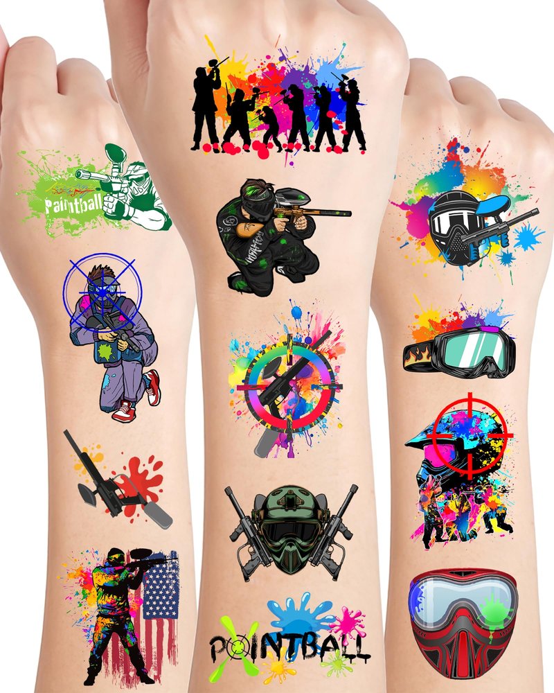 YanZonic 204Pcs Paintball Temporary Tattoos - Fun Kids Paintballs Tattoos Temporary Stickers Favors for Paintball Birthday Decorations, Paintball Party Supplies Class School Carnival