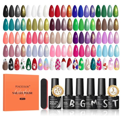 Peacecolor 26PCs Gel Nail Polish Set ,20 Colors Gel Polish Kit with 5Pcs Glossy/Matte/Glitter Top Base Coat Soak Off All Seasons Nude Red Pink Gel Nail Art Kit Valentines Gift for Women