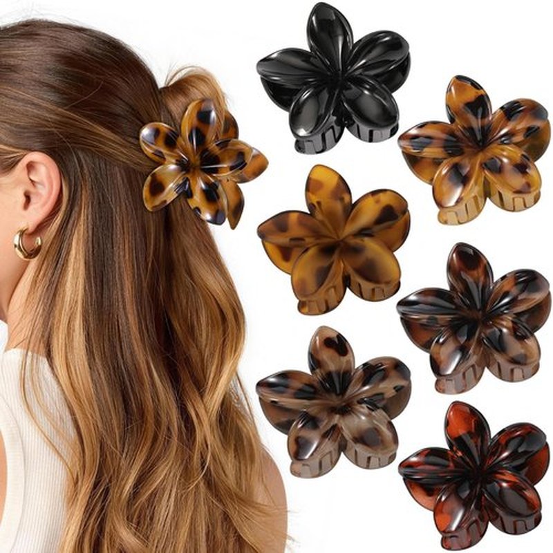 6 PCS Tortoise Flower Hair Clips for Women Girls, Large Hawaiian Flower Claw Clips for Thick Hair, Big Plumeria Jaw Clips, Strong Hold Non Slip Hair Accessories, Tortoise, Black