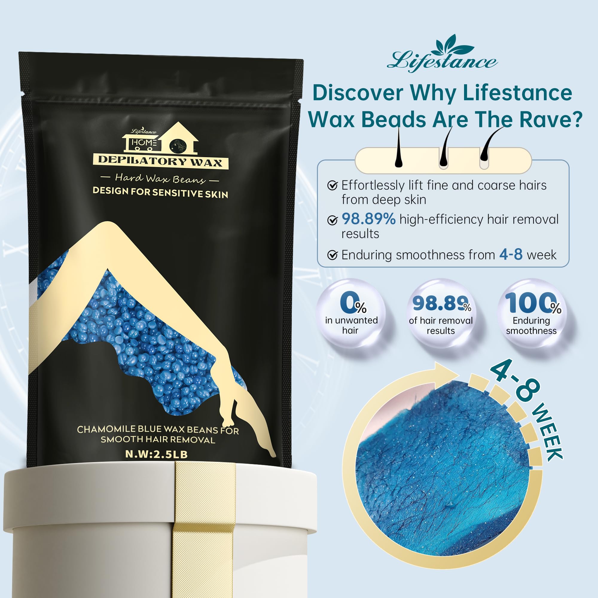 Lifestance 2.5lb Wax Beads Kit, Chamomile Hard Wax Beans For Hair Removal Brazilian Bikini Face, Painless Waxing for Fine Coarse Hair Women Men Large Refill for Wax Warmers at Home