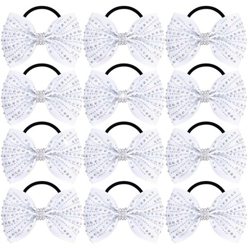 OAOLEER 12PCS Glitter Cheer Hair Bows for Cheerleading, Cheer Bow with Ponytail Holder for Teen Girls Cheerleader (White)