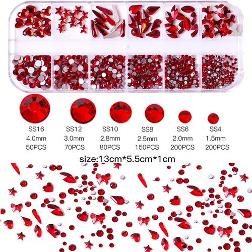 JERCLITY 1620pcs Flat Back Red Nail Rhinestones Blue Nail Rhinestones Round Beads Crystals Glass Gems Stones Multi Shapes Sizes with Picking Pen for Crafts Nail Face Art Clothes Shoes Bags DIY