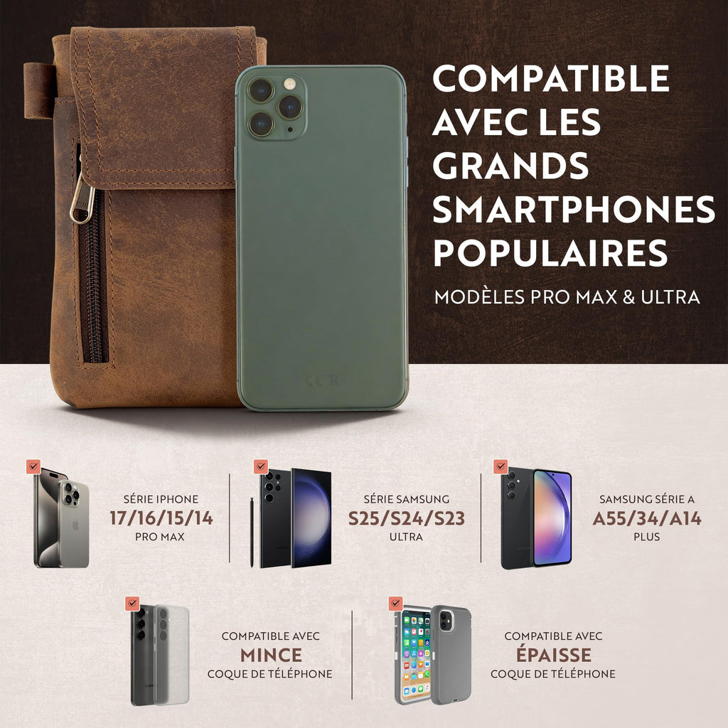 Moonster Leather Phone Holster – Genuine Full-Grain Leather for iPhone 17/16/15/14 Pro Max & Plus, Galaxy S25/S24 Ultra – Slim Belt Clip Phone Pouch with Magnetic Closure, Fits Thick Cases – 7” x 3.5”