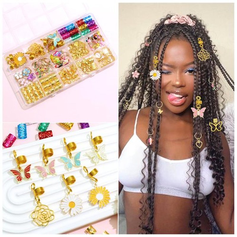 NAISKA 146PCS Gold Hair Jewelry with Butterfly Flower Charms, Metal Alloy Hair Coils, Rings, Cuffs and Decorations for Locs, Dreadlocks and Braids - Handmade Accessories for Women and Girls