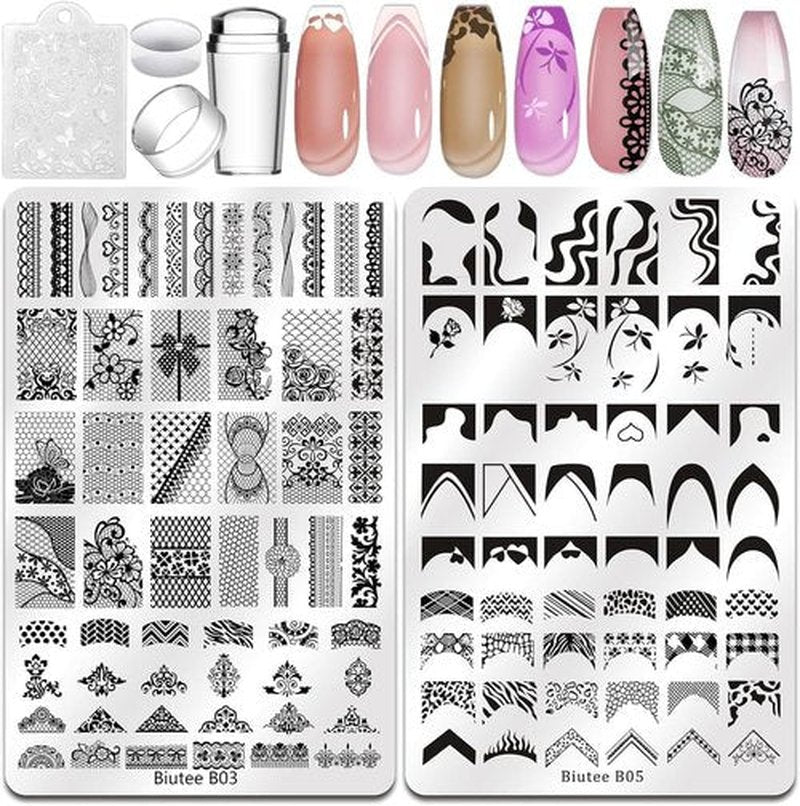 Biutee Nail Stamping Plates Set 2 PCS Large Plate 110 Patterns Nail Art Stamper Scraper Nail Stamp Template Kit French Line Lace Flower Design Masnicure Plates