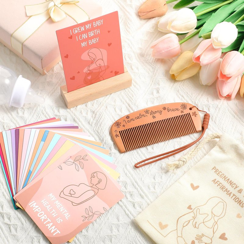 Yungyan 23 Pcs Birthing Comb Gifts Set Includes Wooden Labor Comb Pregnancy Birth Affirmation Cards Canvas Bag for Pregnant Women Labor Pain Relief Essentials, New Mom Positive Encouragement Gifts