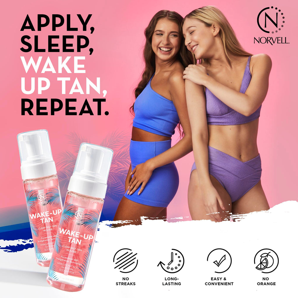 Norvell Wake-Up Tan Clear Water Mousse, 5.5 oz Overnight Self Tanner, Bronzer-Free Gradual Sunless Tanning Foam for Face & Body, No Transfer