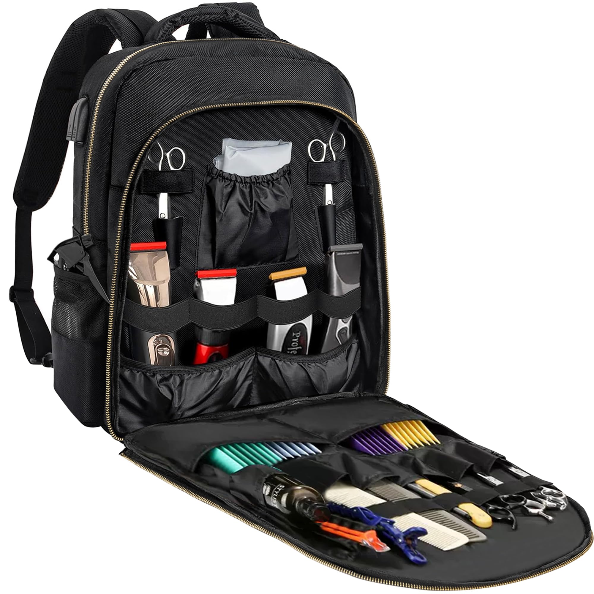 TORIBIO Barber Supplies Bag for Clippers and Supplies, Hairstylist Clipper Portable Backpack for Barber Tools with USB Port (Black + Gold)