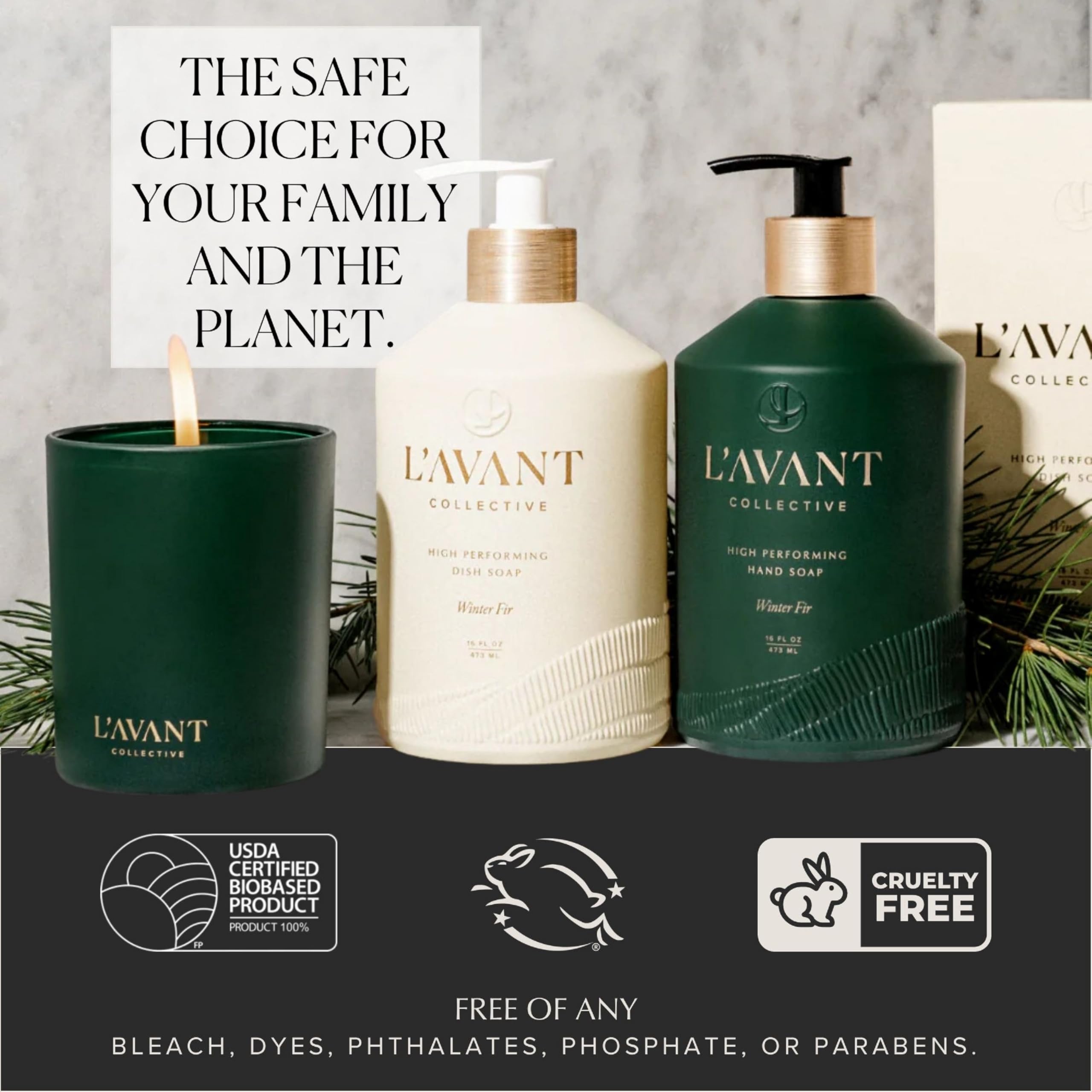 L'AVANT Collective Natural Luxury Hand Soap | Plant-Based, Non-Toxic & Moisturizing, Safe for Kids & Pets, Refillable Glass Bottle with Pump, 16 Fl Oz, Bathroom & Kitchen | Winter Fir