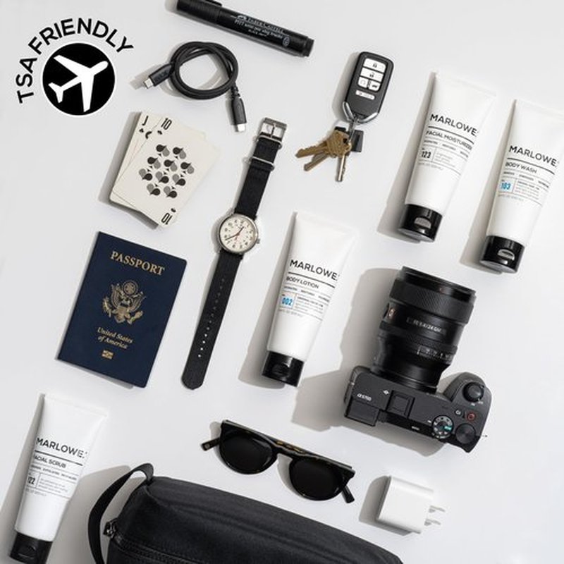 MARLOWE. Travel Essentials Kit, No. 103 Body Wash, No. 002 Body Lotion, No. 122 Facial Scrub & No. 123 Facial Moisturizer, Hydrating, Exfoliating & Nourishing Skin Care Set for All Skin Types