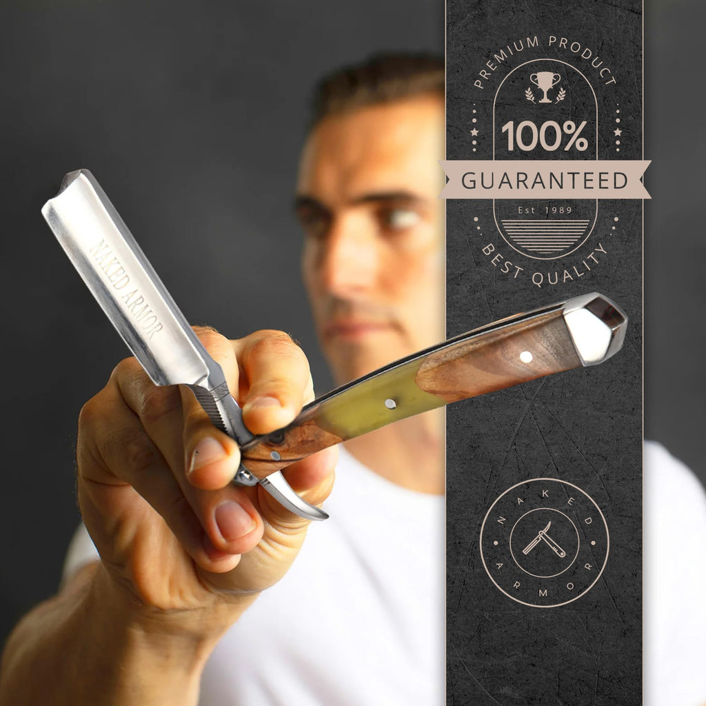 Naked Armor Professional Straight Razor for Men - Shave Ready 7/8" Japanese Stainless Steel Barber Razor - Griflet Straight Edge Razor with Sandalwood Handle, Leather Travel Case & Gift Box