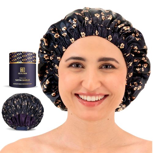 BEAUXSOI Luxury Reusable Shower Cap - Satin Lined, Adjustable & Waterproof | Floral Design (Fleur de Nuit)